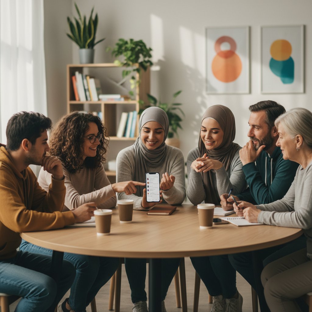 Diverse group in conversation, one person holding a smartphone—symbolizing blended support systems for modern relationship advice