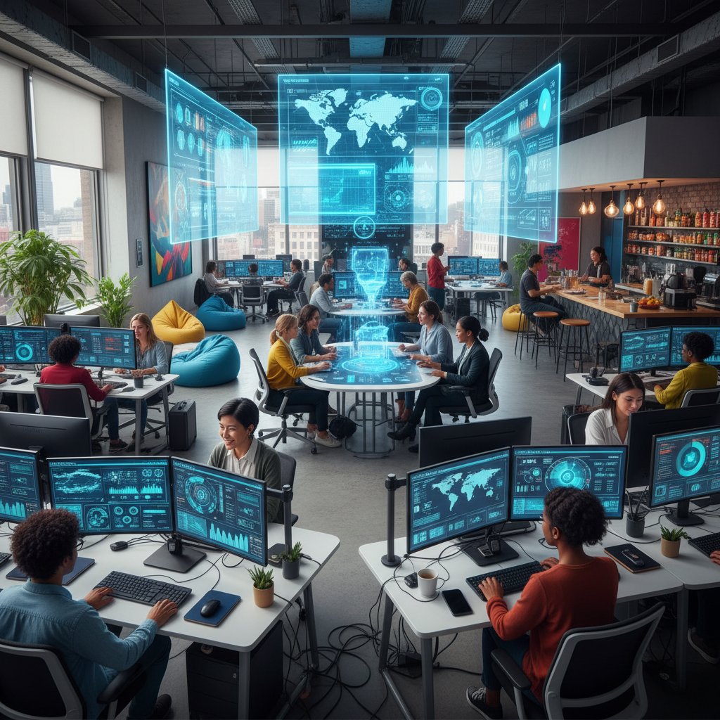 A diverse support team collaborating with AI dashboards, energetic office scene