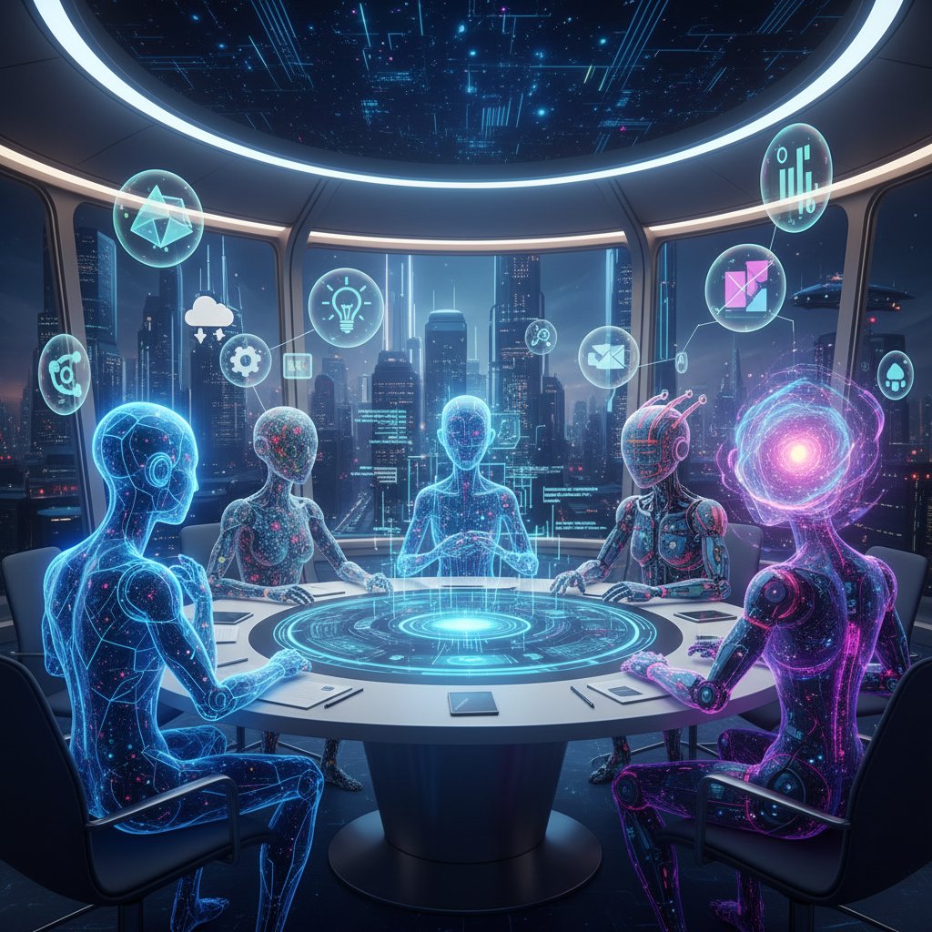 Zespół ludzi i AI podczas kreatywnej burzy mózgów, redakcyjne zdjęcie, sala konferencyjna