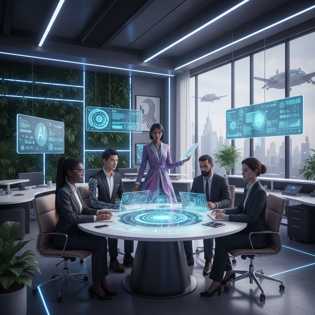 Zespół ludzi i awatar AI w nowoczesnym biurze, zatrudnianie bez kosztów ZUS