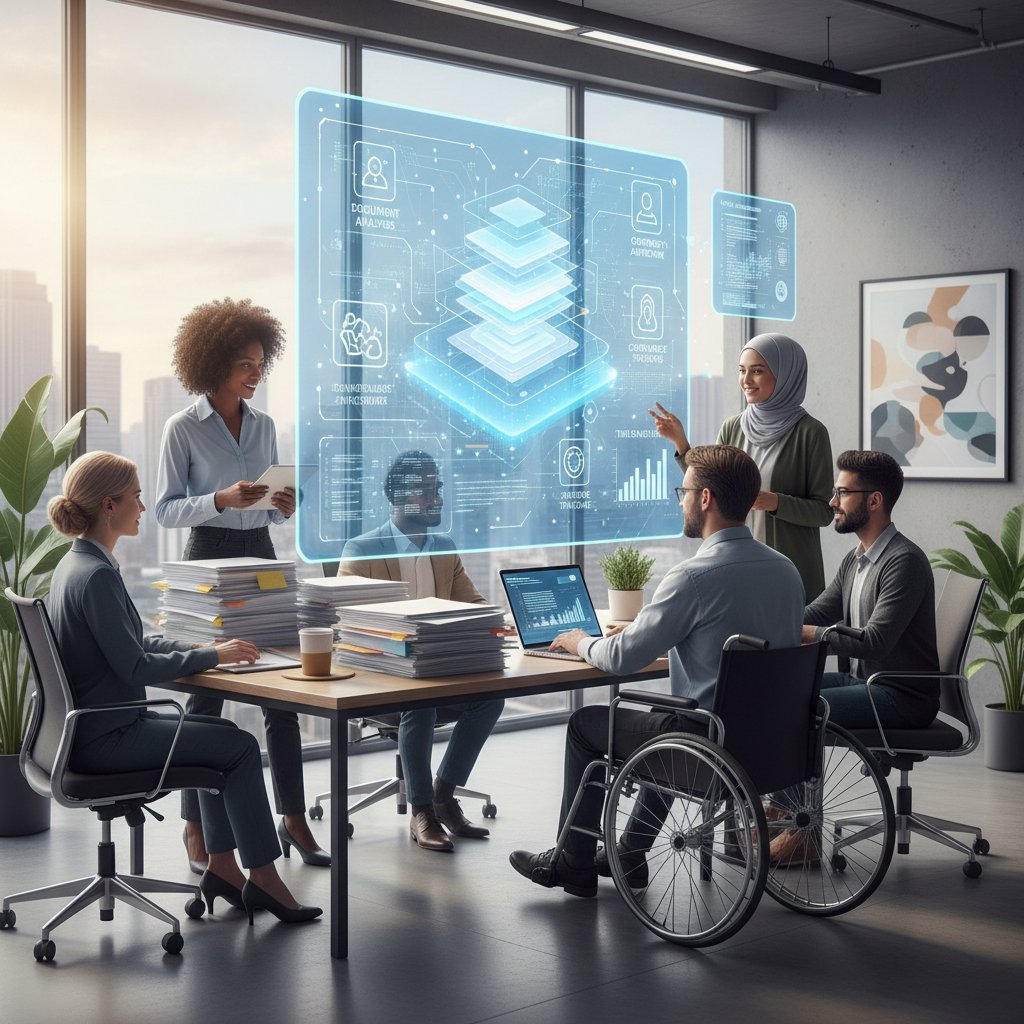 Diverse team collaborating with an AI interface on paperwork management in a modern office