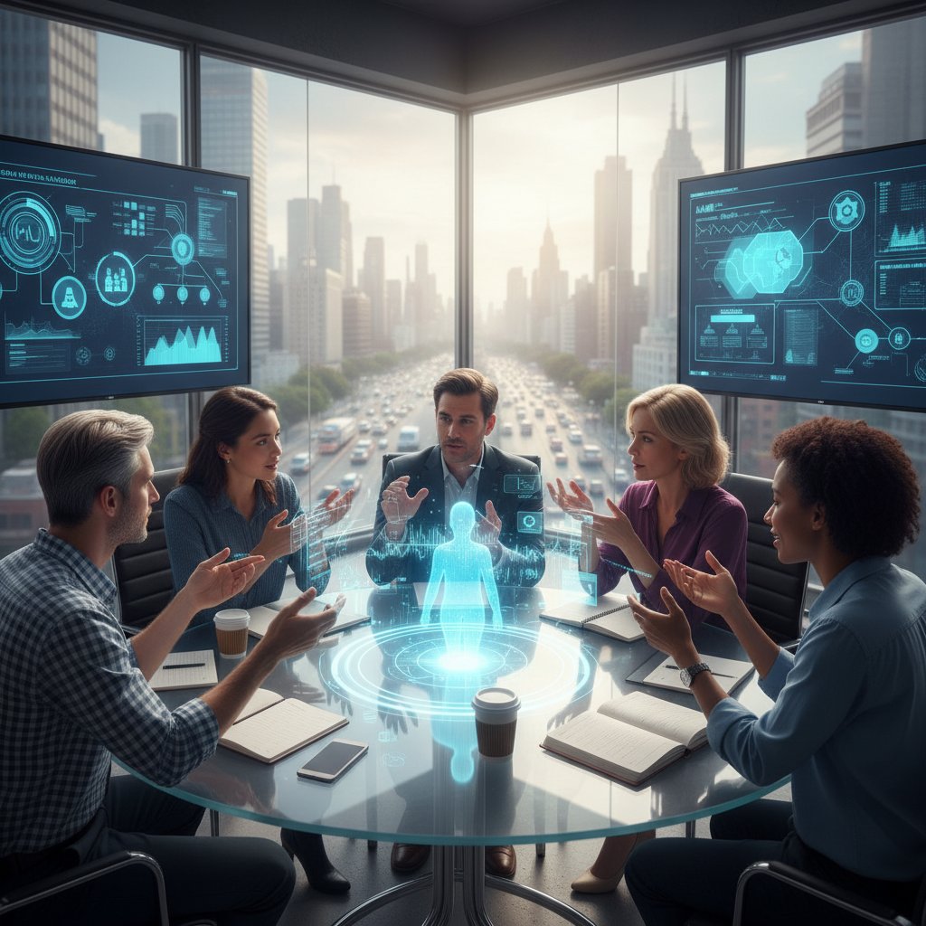 A diverse team brainstorming with a digital assistant displayed on screen, collaborative mood, energetic lighting