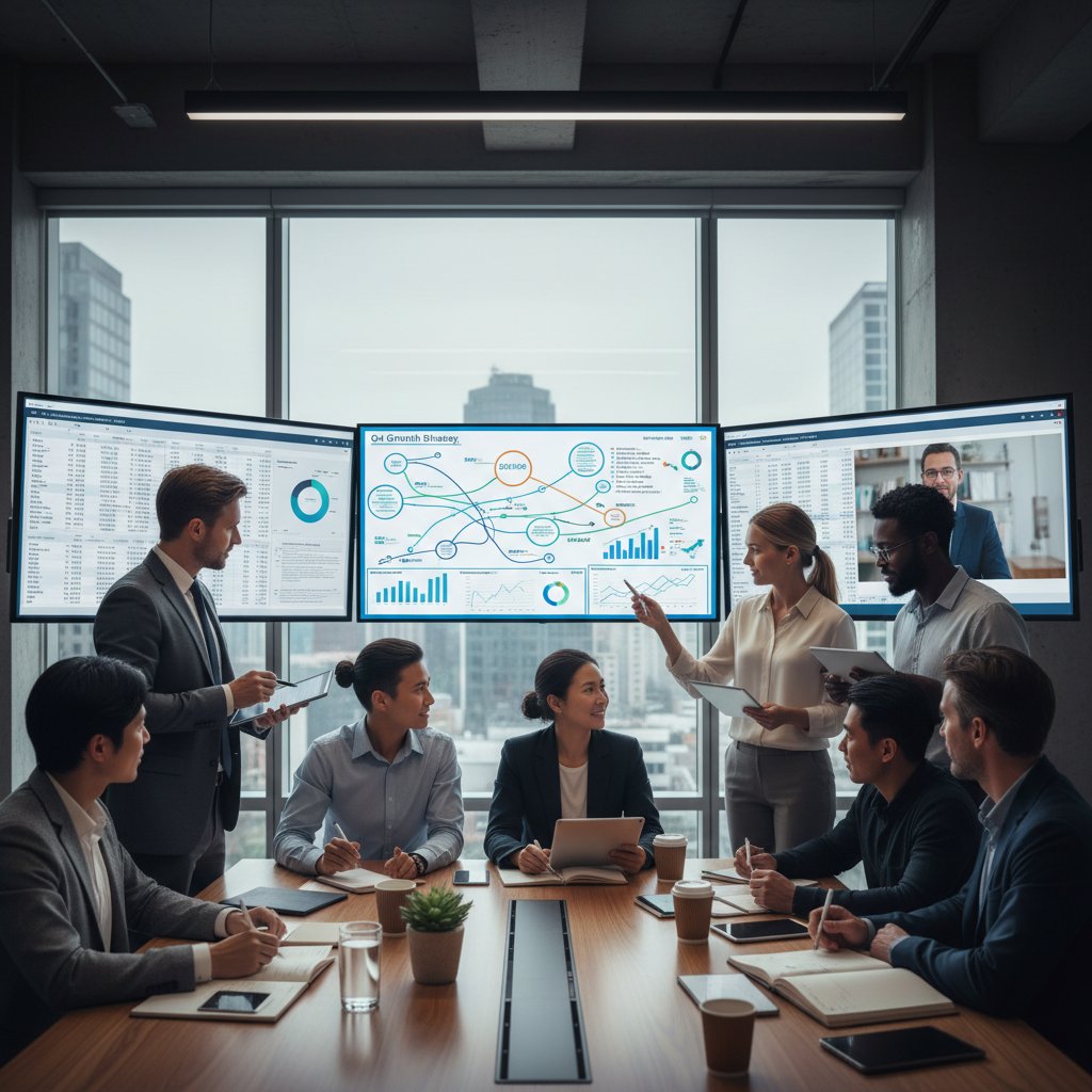 Diverse finance team collaborating around digital insights, accurate financial insights tools