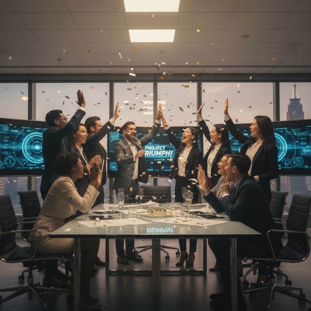 Diverse team celebrating a project win, high-fiving in a sleek office, triumphant, cinematic style, 16:9.