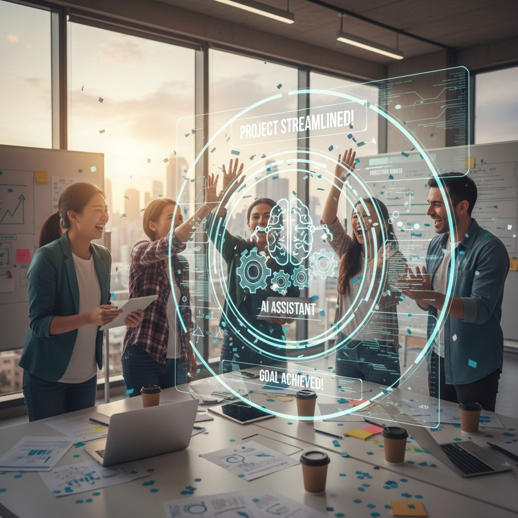 High-contrast photo of a diverse team celebrating success in a modern workspace, symbolizing AI-powered transformation, keywords: team success, streamline assistant, AI collaboration.