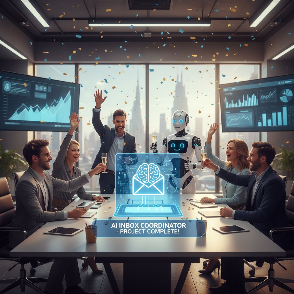 Diverse team celebrating success with help of AI inbox coordinator, digital assistant visible, workplace achievement