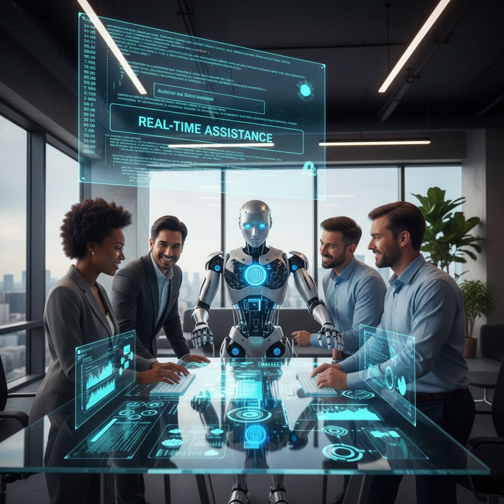 Diverse team collaborating around a table with a visible AI teammate assisting in real time