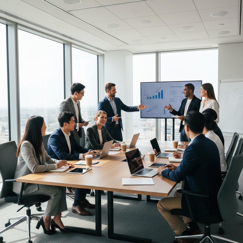 Zróżnicowany zespół podczas wspólnego spotkania w sali konferencyjnej