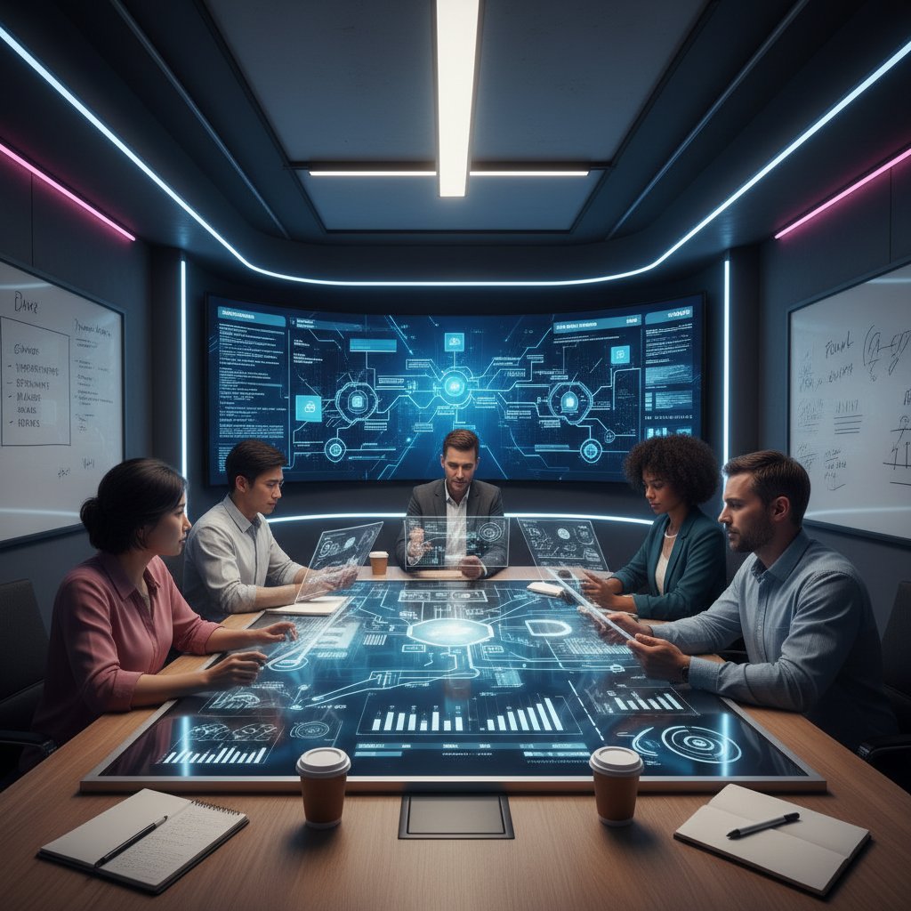 Diverse team using digital information support tools in a meeting, collaboration, human factors