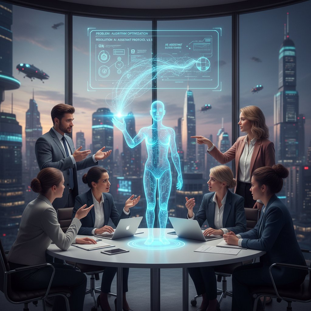 Diverse team in heated discussion, highlighting tension and collaboration with digital AI coworker present