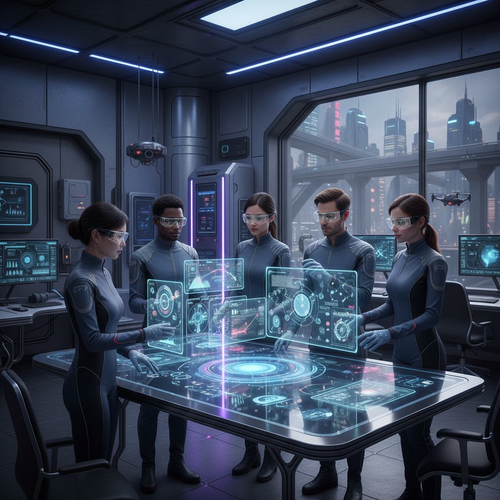 Diverse team in high-tech workspace interacting with holographic research data, futuristic photo