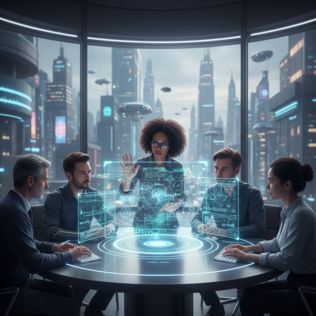 Diverse team collaborating with holographic AI interface, energized workspace highlighting human-machine synergy