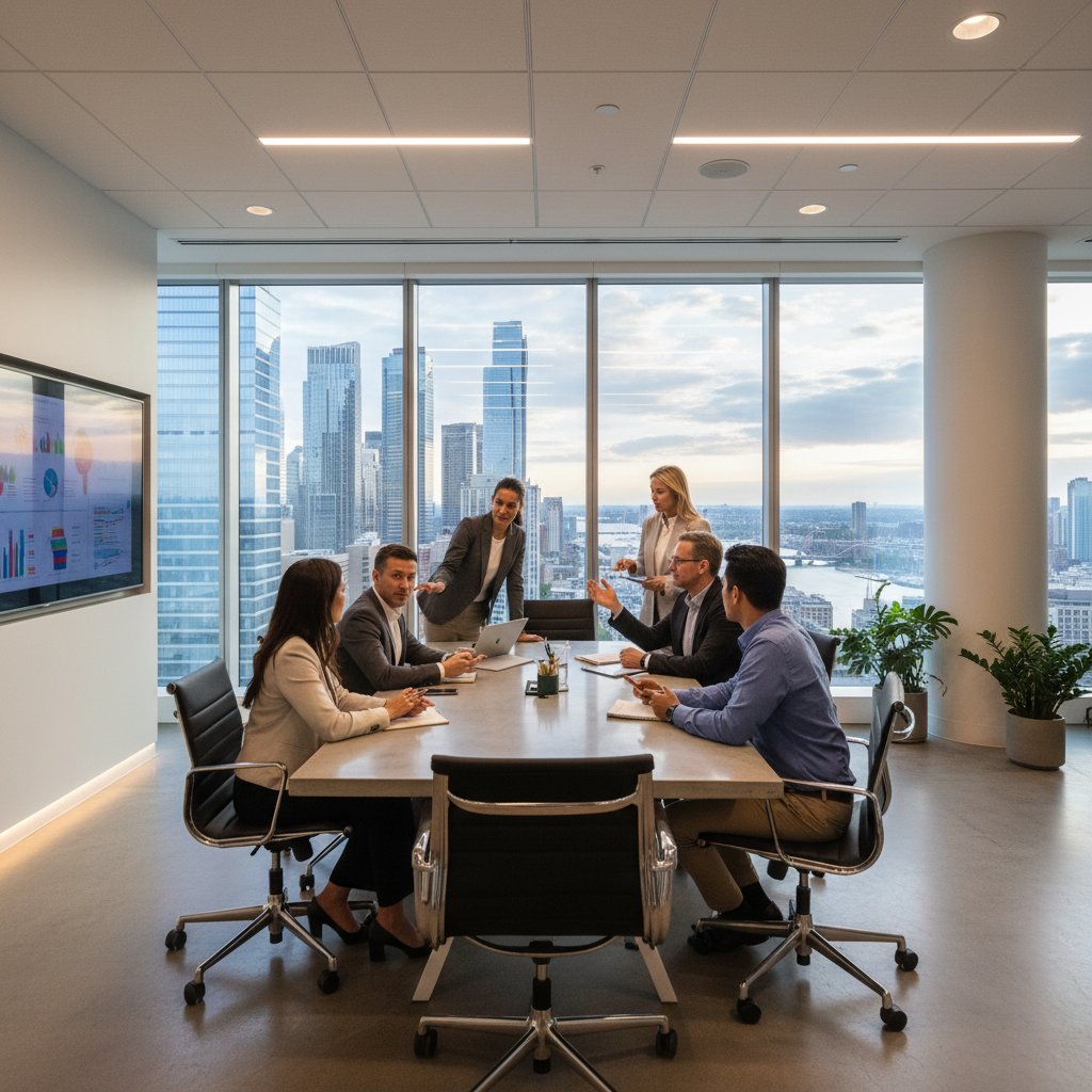 Zespół pracowników w nowoczesnym biurze podczas intensywnej dyskusji o zarządzaniu relacjami