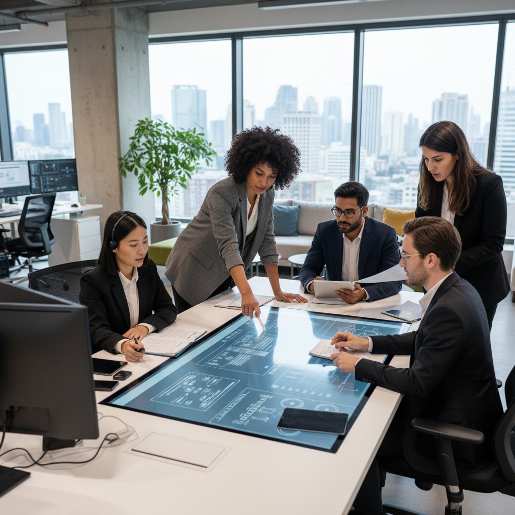 Realistic photo of a diverse team collaborating in a modern office, highlighting support roles
