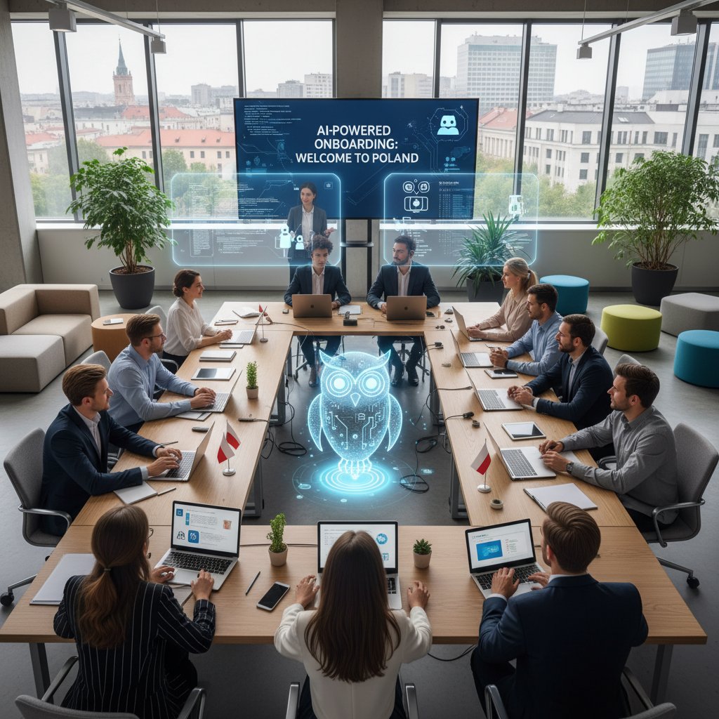 Zespół różnorodnych pracowników w biurze podczas wspólnej sesji onboardingowej wspieranej przez AI