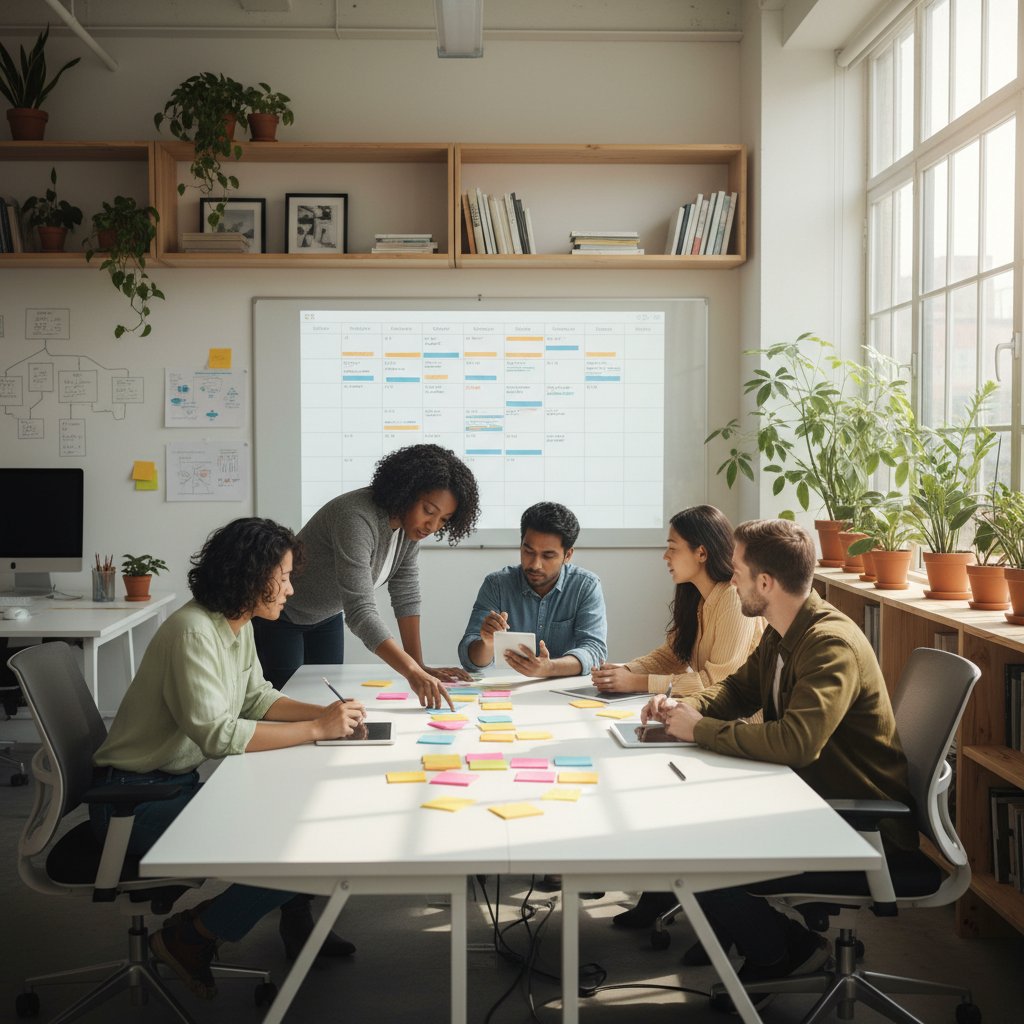 A realistic, energetic photo of a diverse team in a planning session with sticky notes, laptops, and a digital calendar projected in a bright workspace.