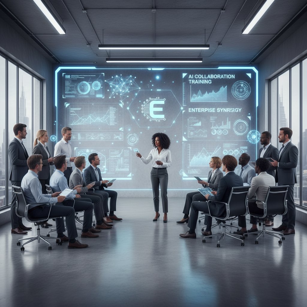 Employees participating in lively AI collaboration training session to foster trust in AI enabled enterprise collaboration