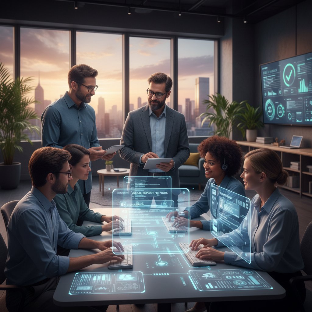 Diverse team collaborating with digital inbox support, showing inclusive workplace productivity