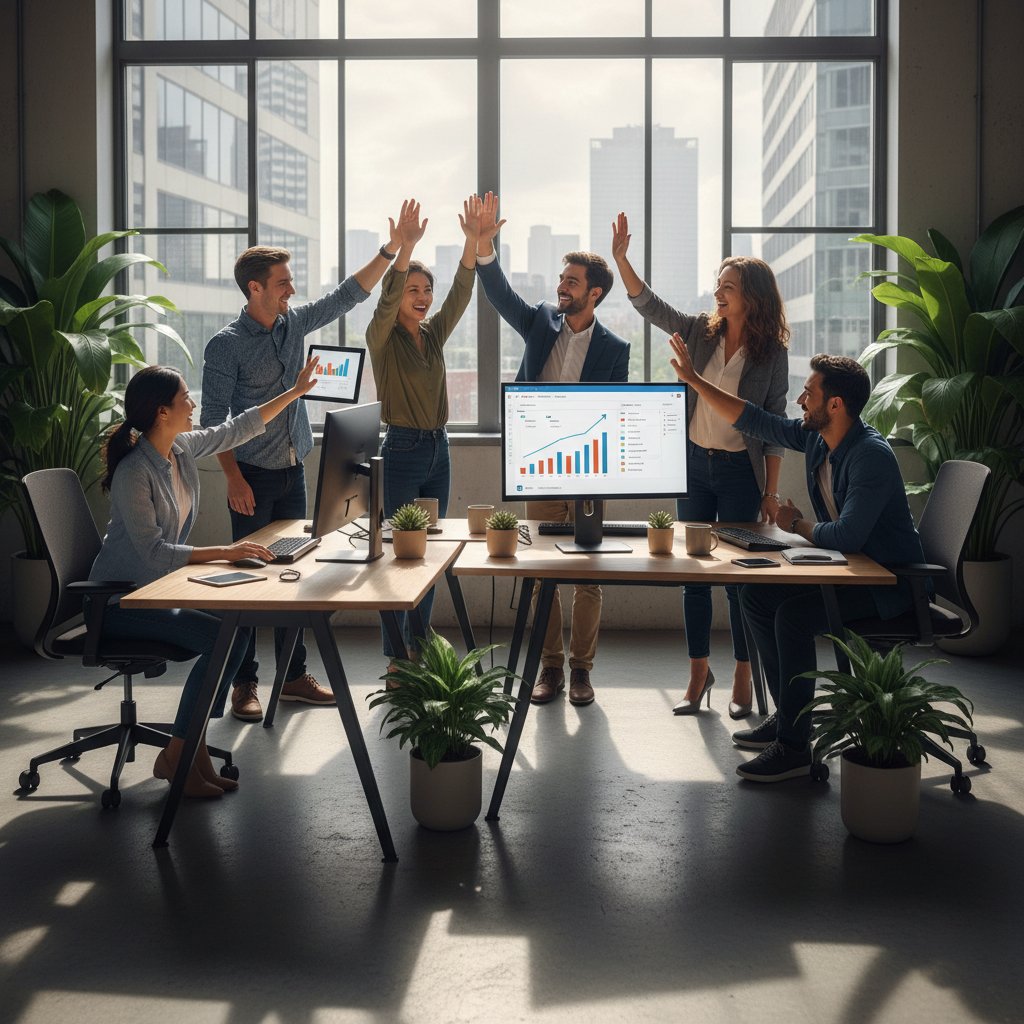 Photojournalistic shot of a diverse team high-fiving over laptops in a bright, modern workspace. Alt: Team celebrating email productivity gains using the best email productivity tools.