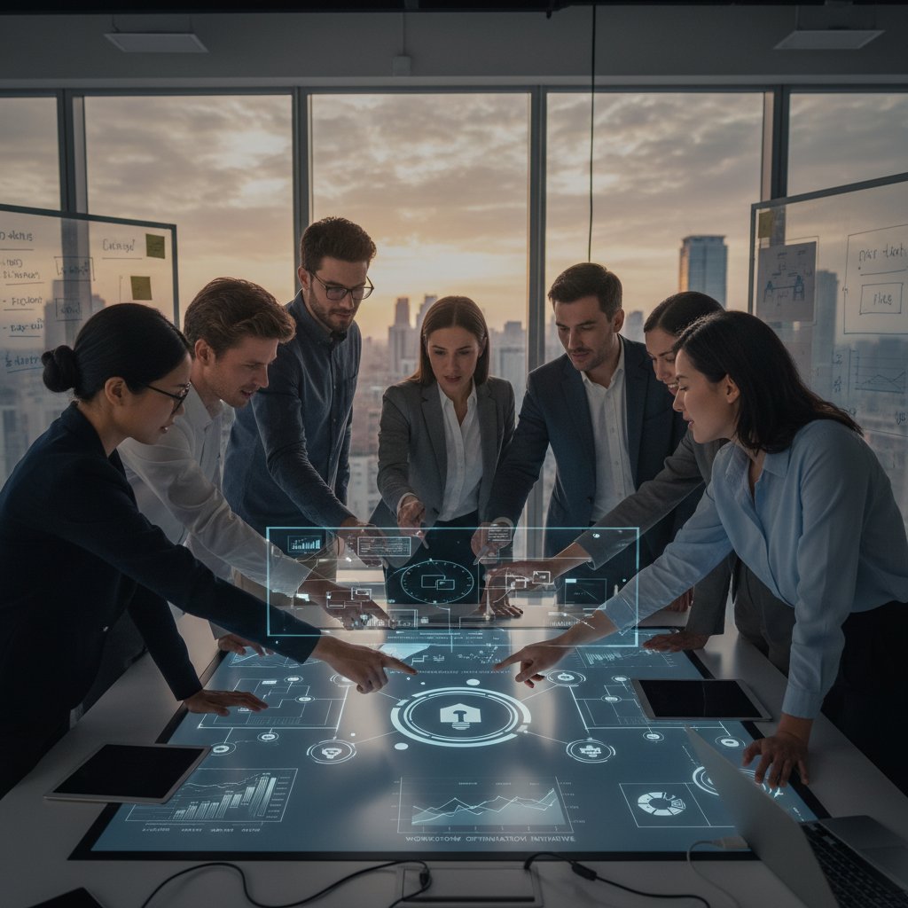 Team huddle with diverse members, some laughing, some serious, showing teams collaborating on project handling and workflow optimization