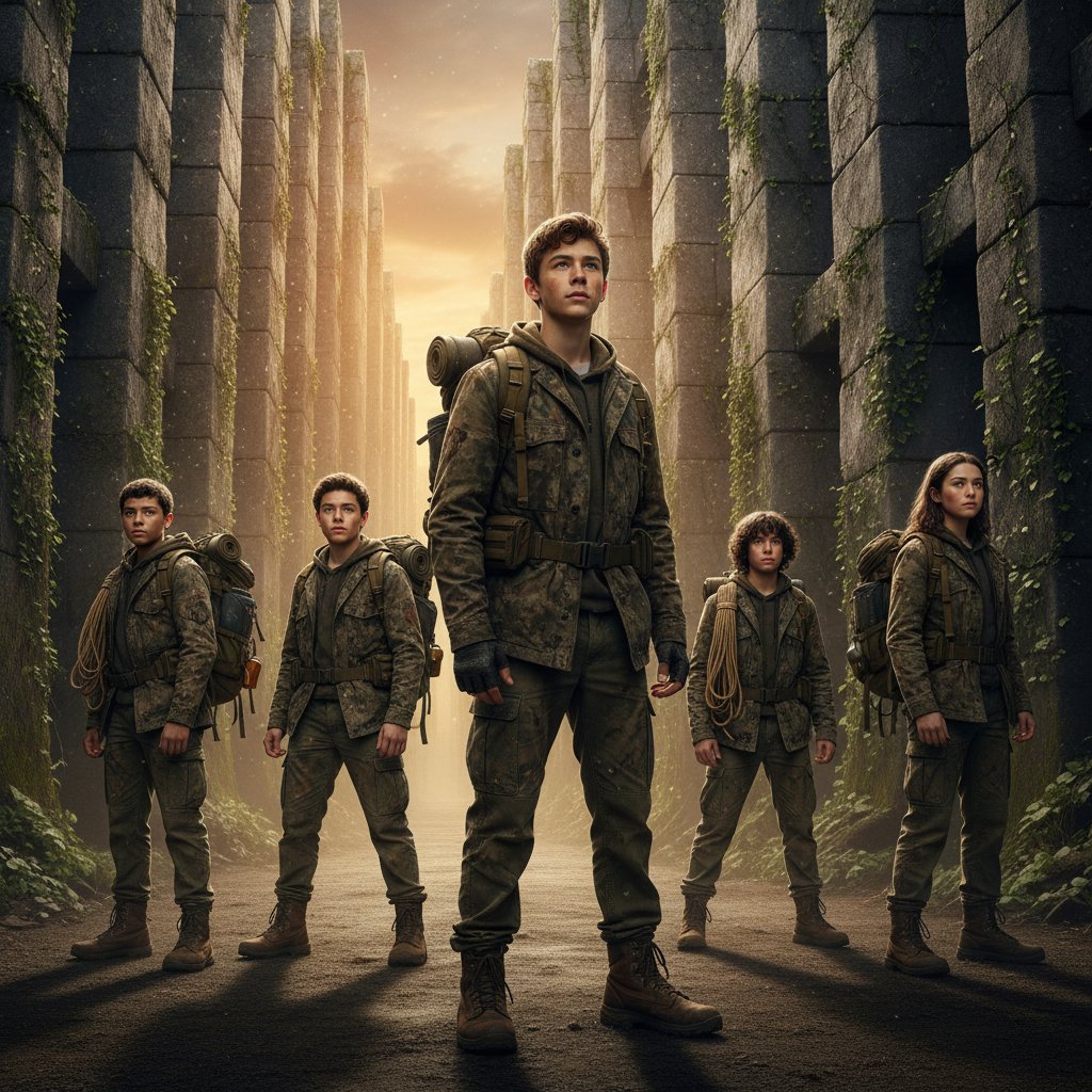 Dynamic portrait of diverse teen actors in rugged survival gear, maze wall backdrop, dusk lighting, 16:9