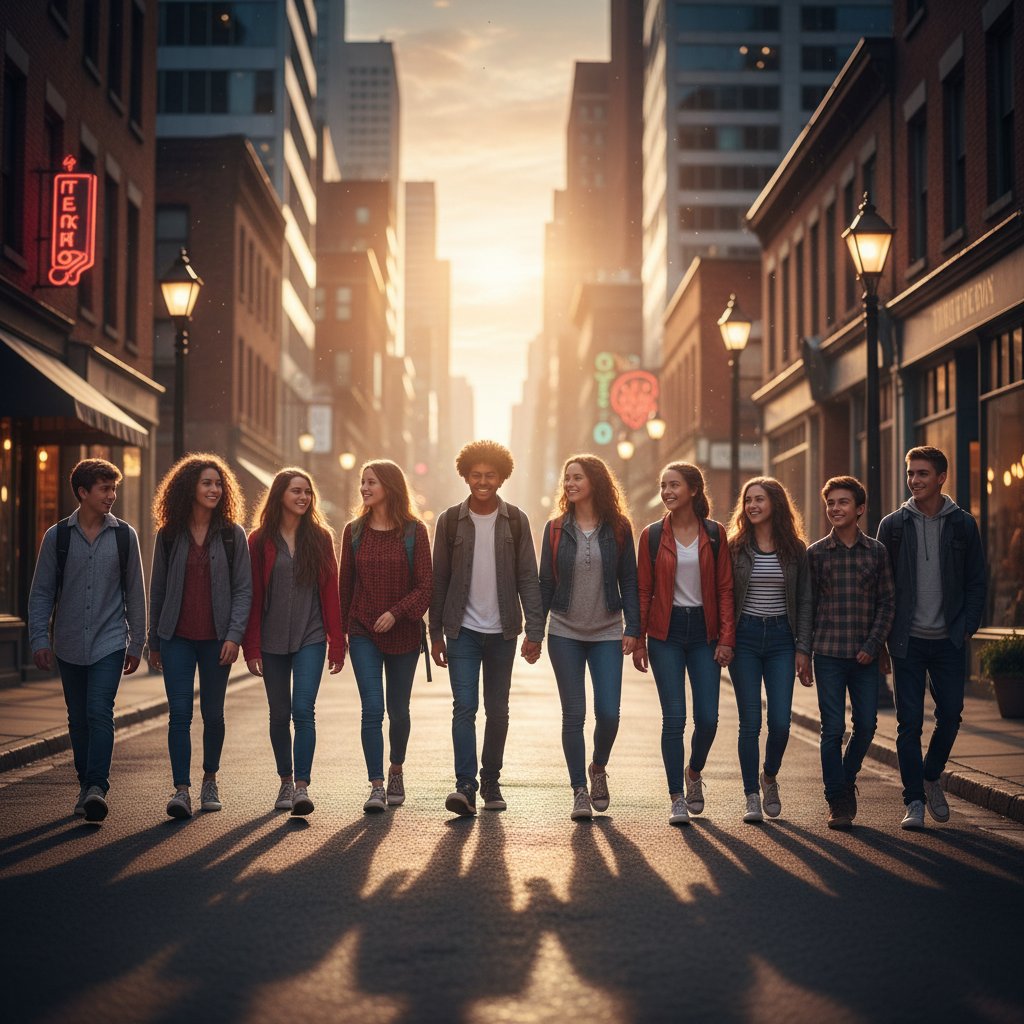 Diverse teenagers and young adults facing challenges in city streets and small towns, cinematic lighting, coming of age mood