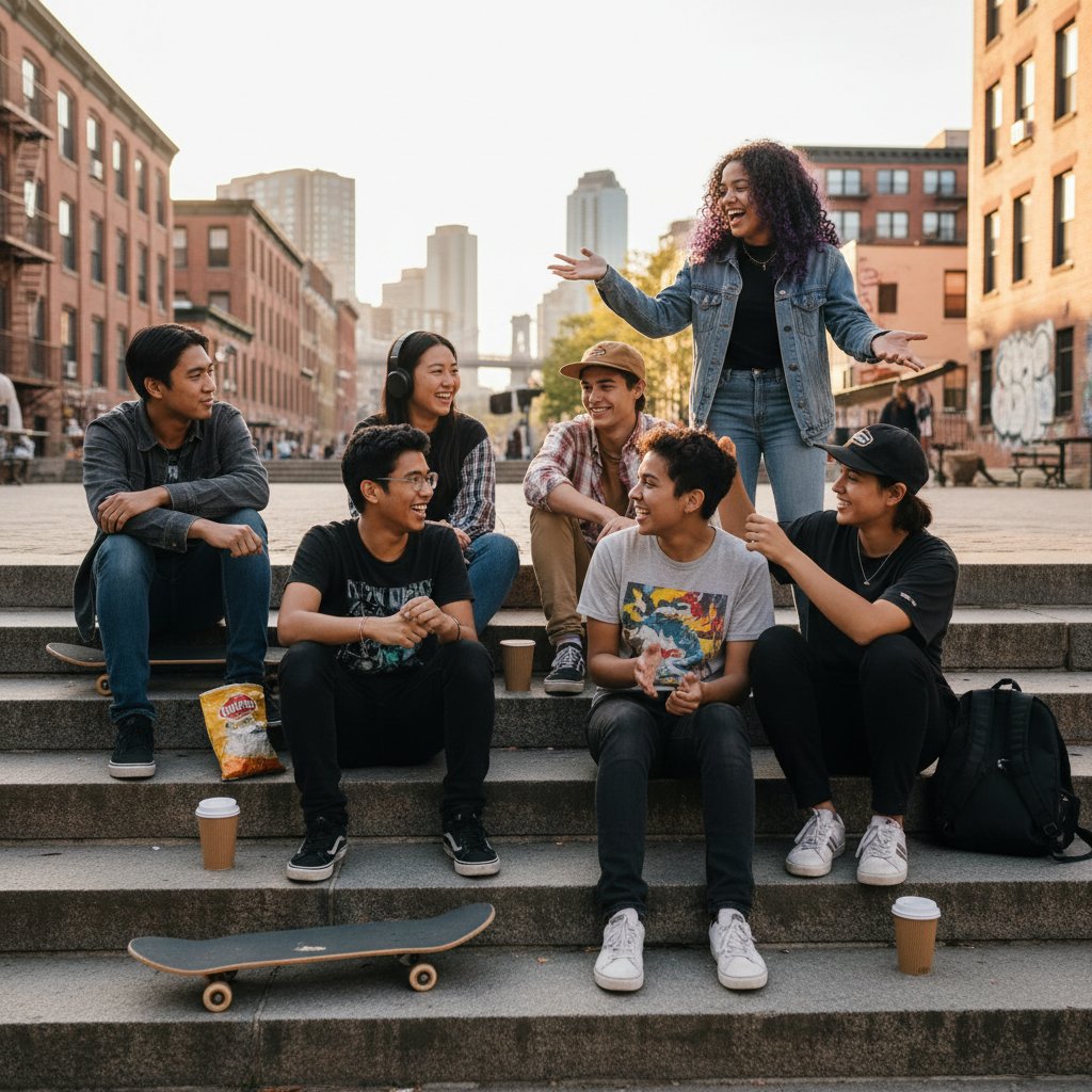 Diverse teens in bold outfits, representing the new face of coming-of-age comedy, laughing on city steps.