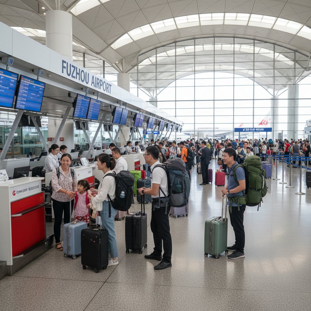 Diverse group of travelers at Fuzhou airport check-in, including businesspeople, students, and families