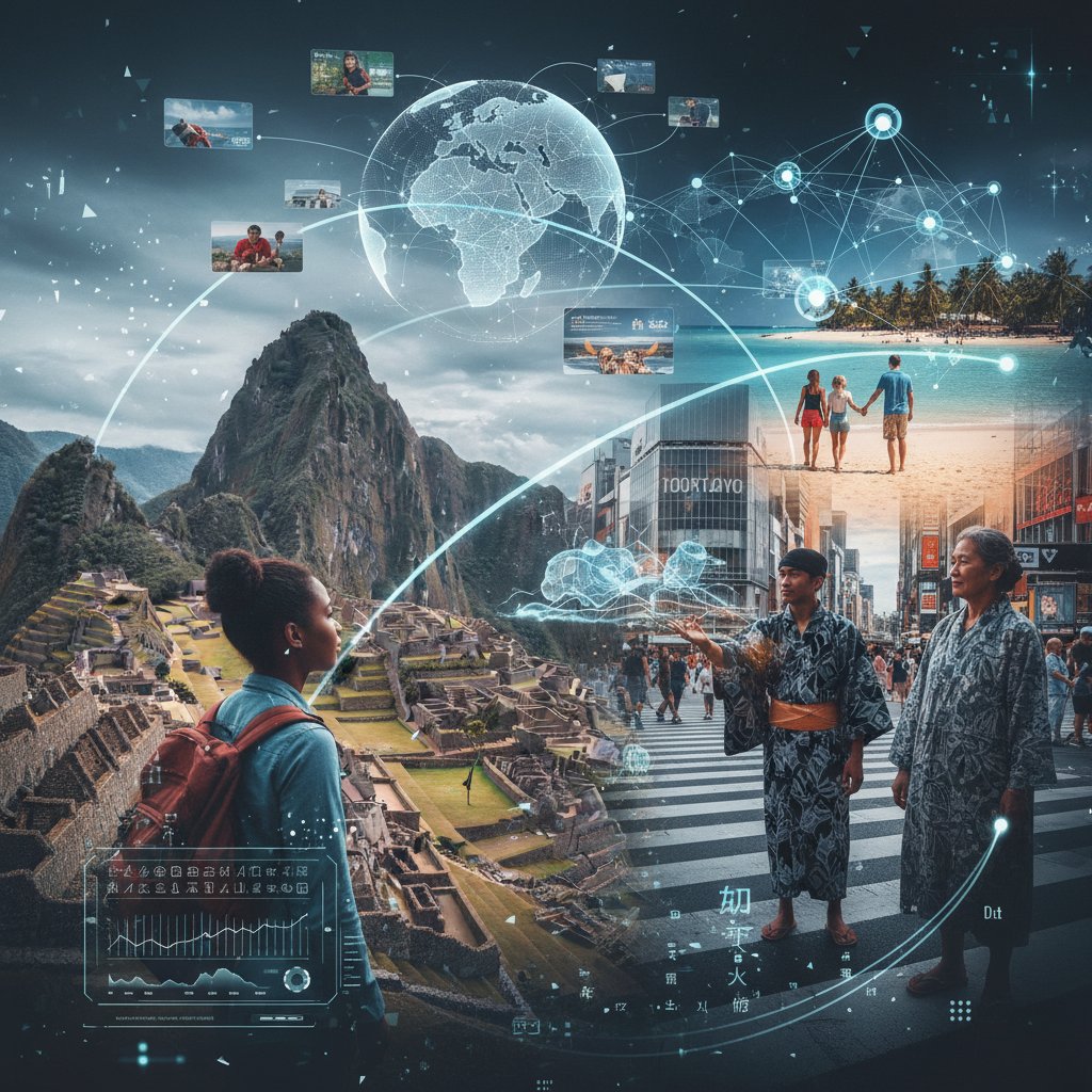 Kolaż podróżników w różnych miejscach świata, cyfrowe elementy pokazują różnorodność