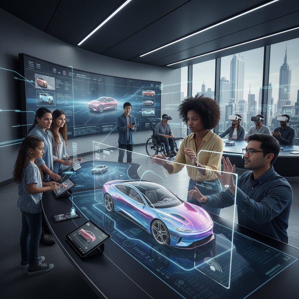 Diverse group of users engaging with car visualization on various devices