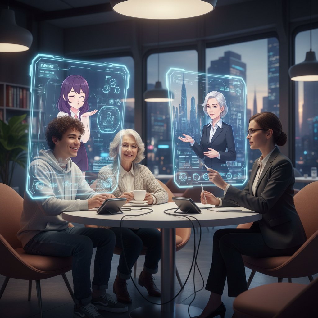 Verschiedene Nutzergruppen digitalen Freundinnen: Junger Erwachsener, Älterer Mensch, Berufstätige Person