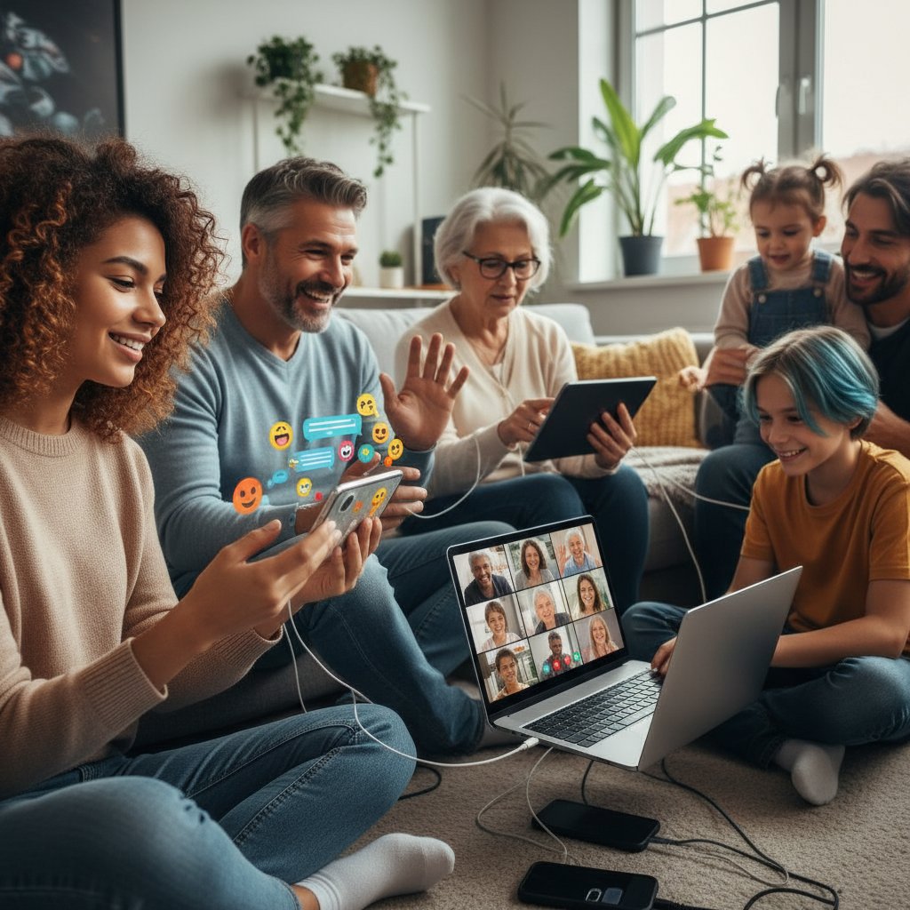 Różnorodne typy użytkowników podczas rozmów online, młodzi i starsi, różne style ubioru, ekran laptopa i smartfona