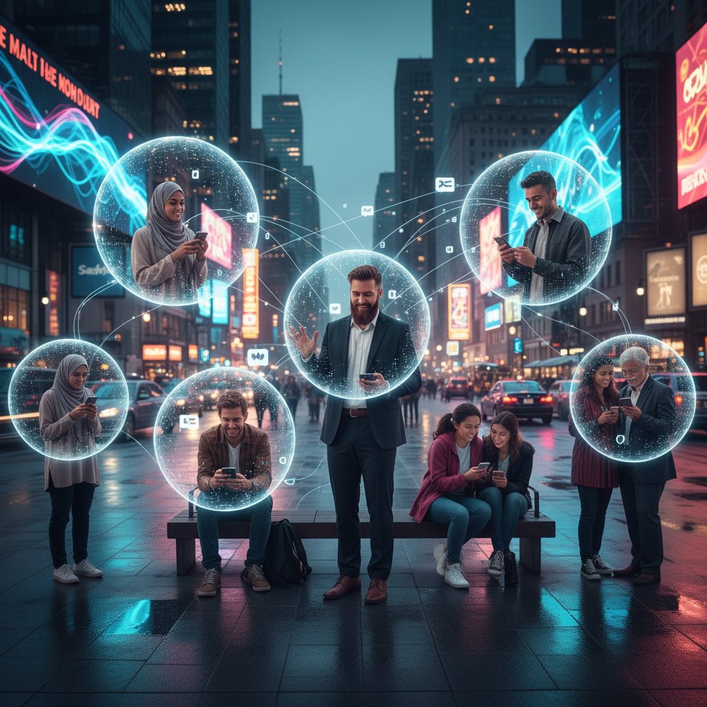 Diverse Nutzergruppe mit Smartphone, jeder in eigener Welt, symbolisiert digitale Beziehungstypen