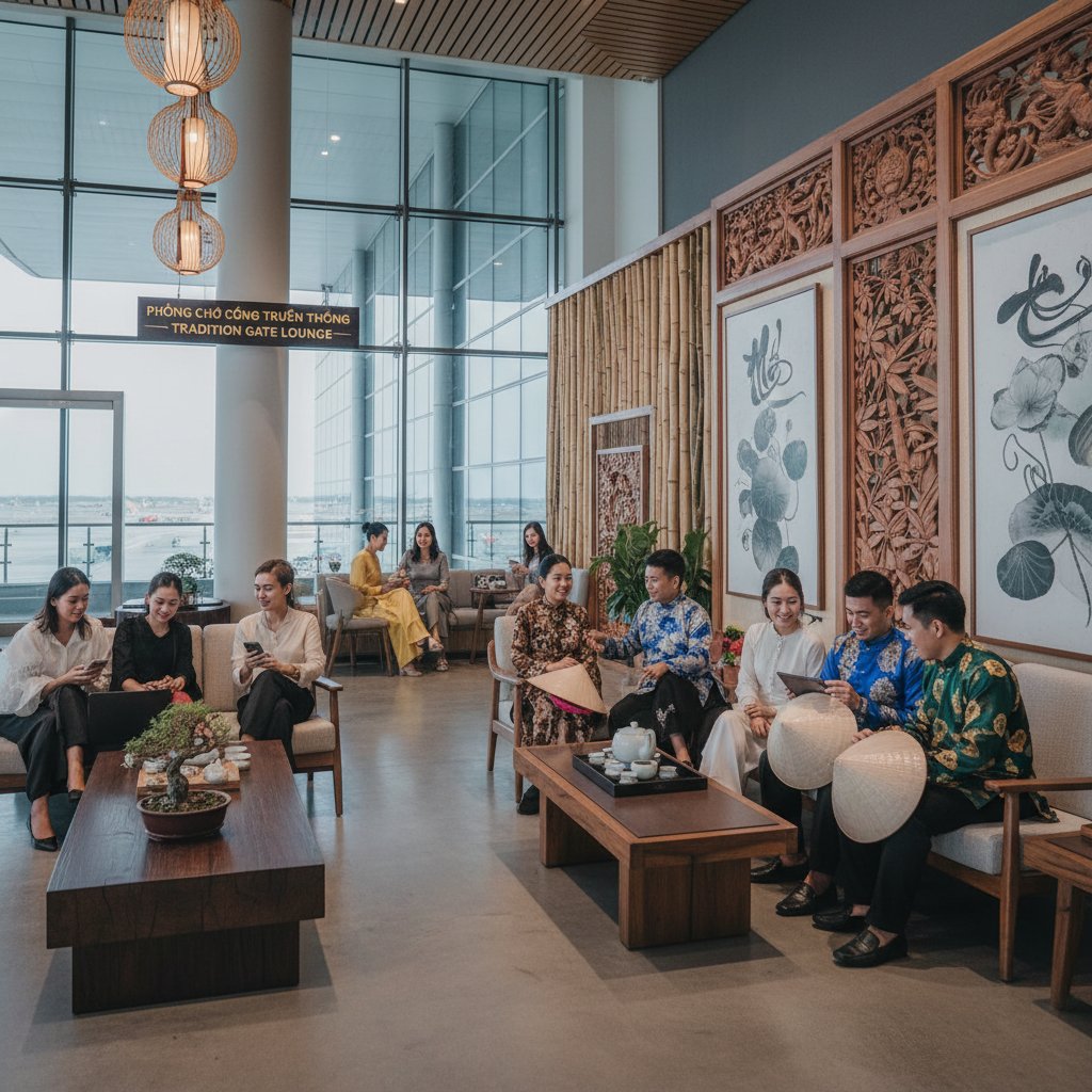 Diverse Vietnamese travelers in modern airport lounge, blending tradition and modernity