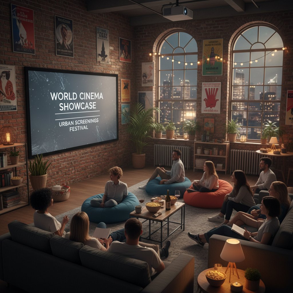 Diverse people experiencing world cinema in different settings, including home theaters, festivals, and urban screenings, representing global movie culture in 2025