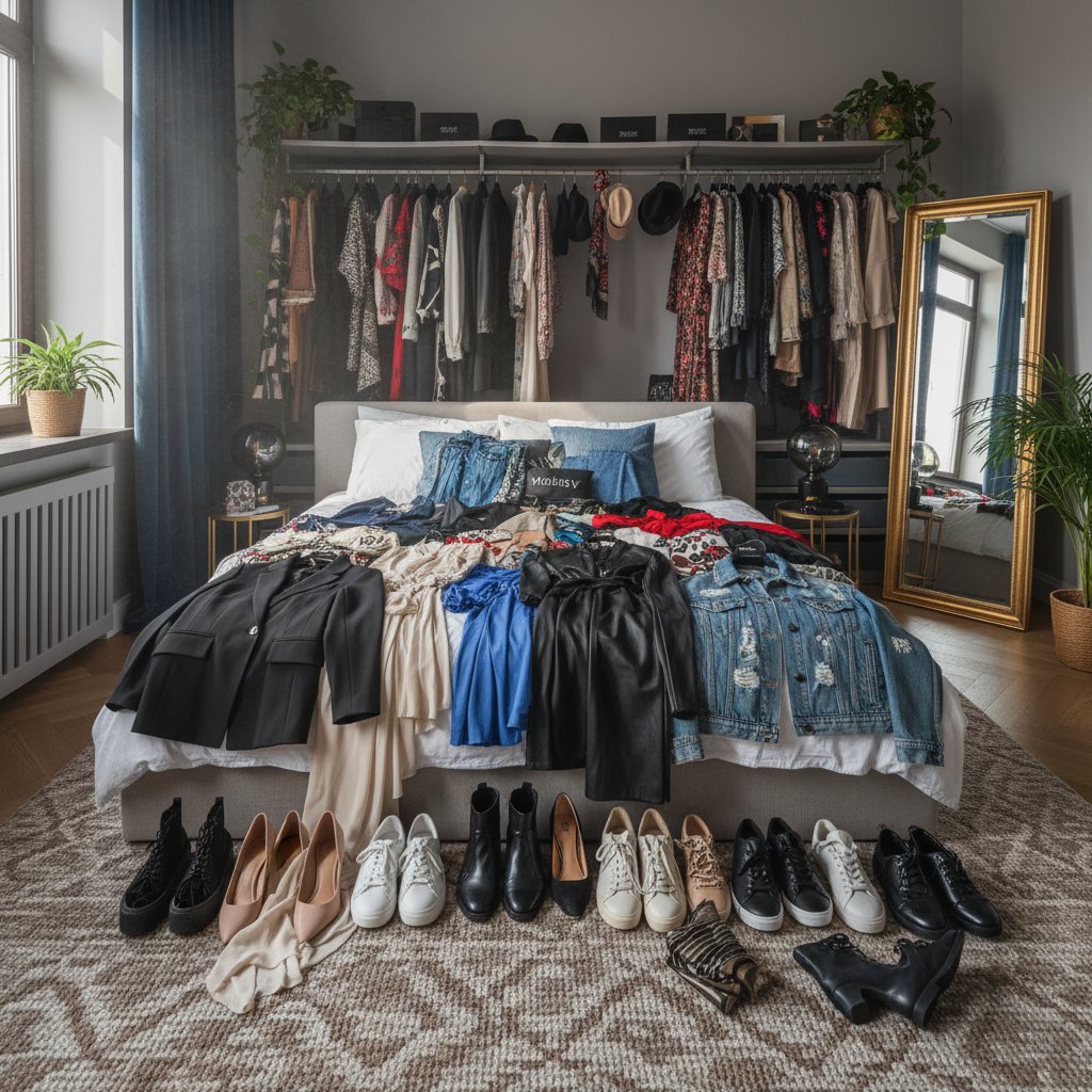 Różnorodne elementy garderoby na łóżku – przykład współczesnej bazy ubrań