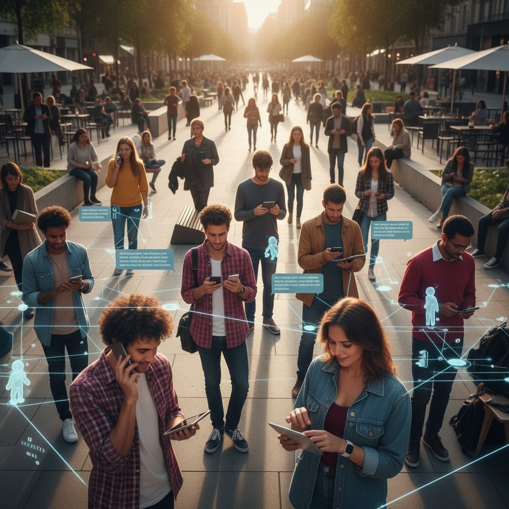 Diverse group of young adults using voice assistants and chatbots on mobile devices in public space, digital communication evolution