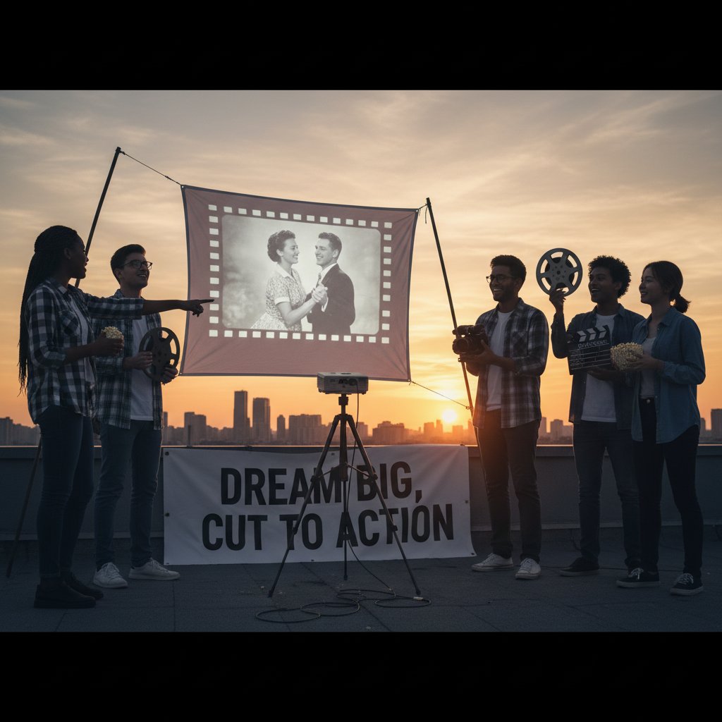 Cinematic photo of diverse young people watching a movie together, inspired by Dakota Johnson's cultural impact