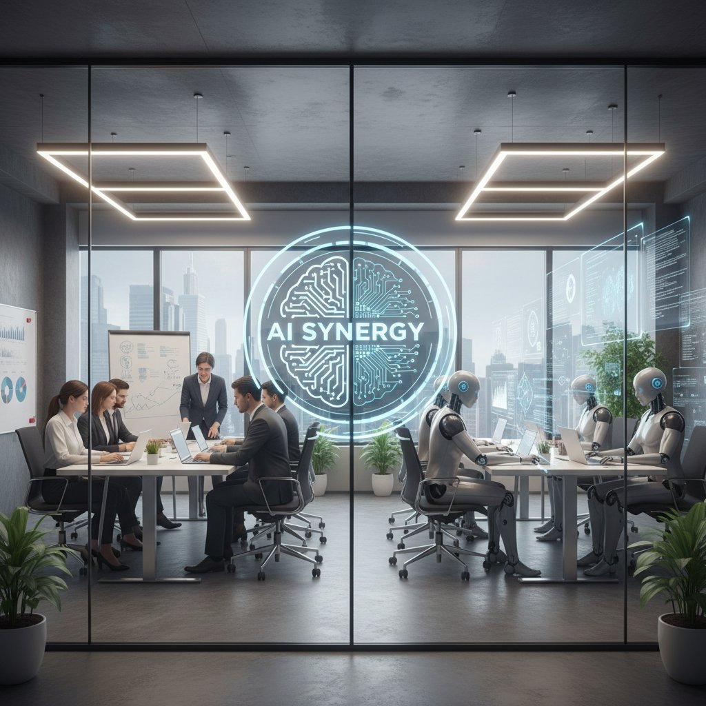A divided team representing the complexity of staff fix in enterprises, modern office with one group in shadows, the other illuminated by digital overlays, highlighting workplace conflict and AI-powered collaboration