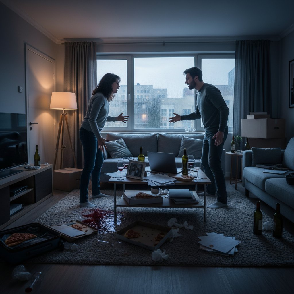 A living room scene with a dim lamp, two wine glasses—one empty, one full—beside a glowing TV showing a couple arguing