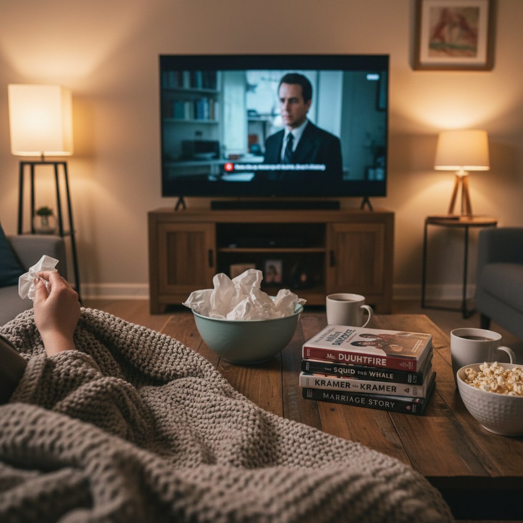 A person scrolling through a streaming platform, curled up with a blanket and tissues—movie night self-assessment