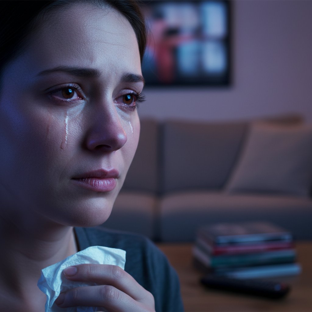 A close-up of a tearful face in the dark, TV glow reflected in their eyes—cinema’s emotional impact