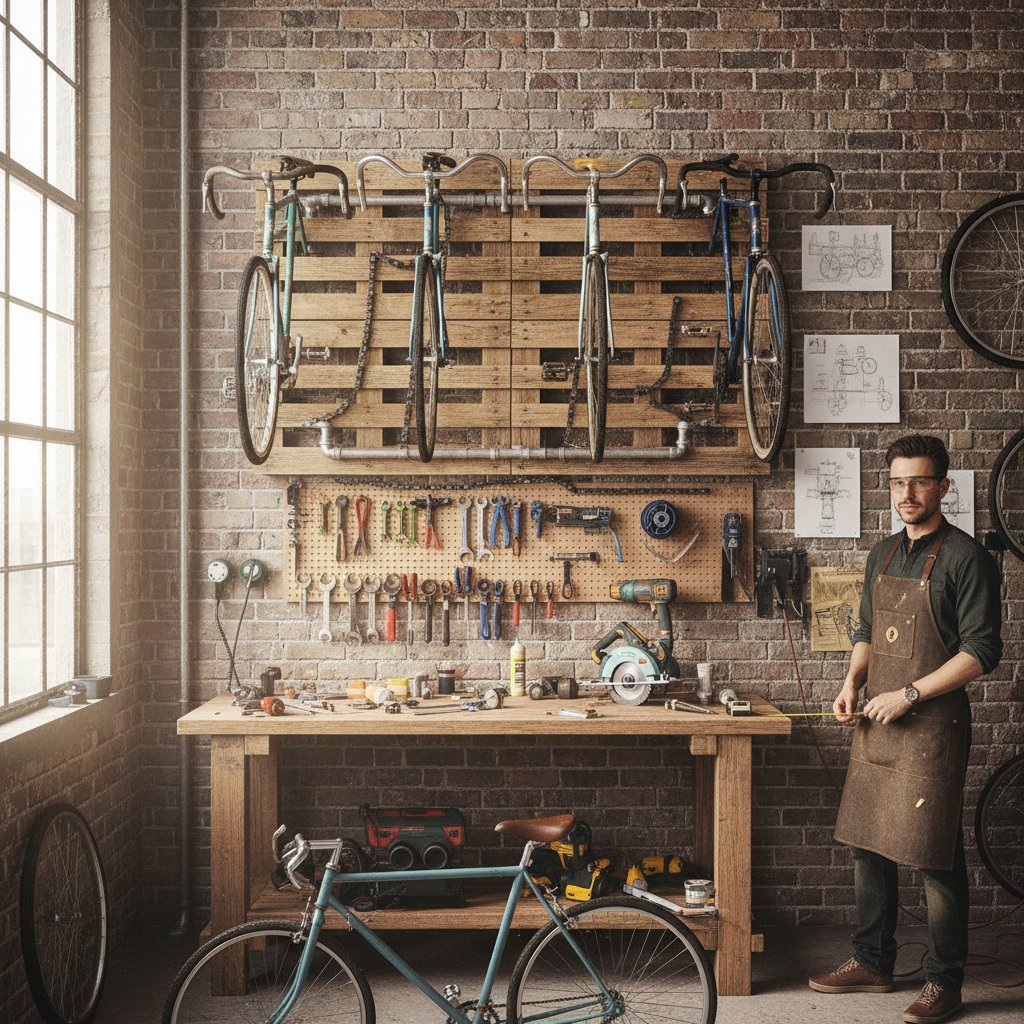 Workshop scene showing cyclist building DIY bike rack, tools and bike parts scattered, creative vibe