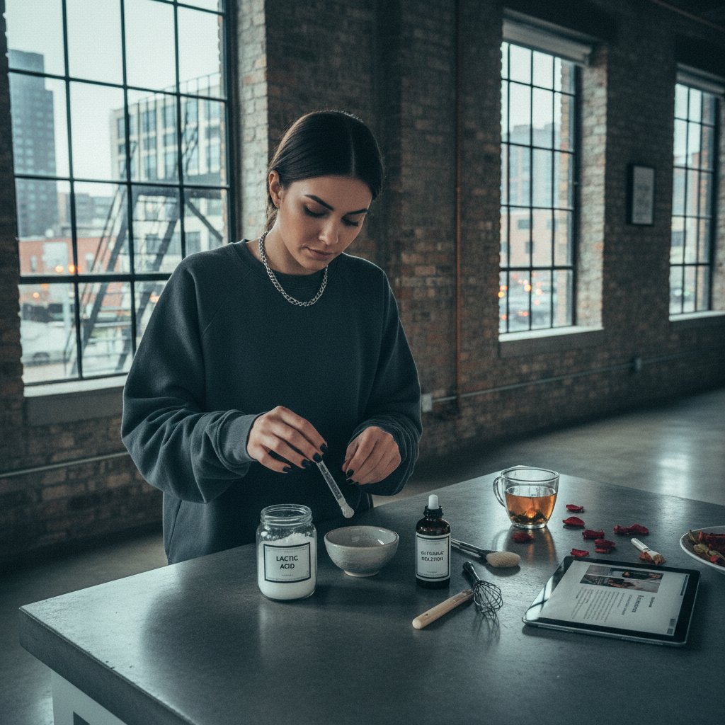 Przygotowanie domowego peelingu chemicznego, widoczne produkty i dłonie w urbanistycznej scenerii