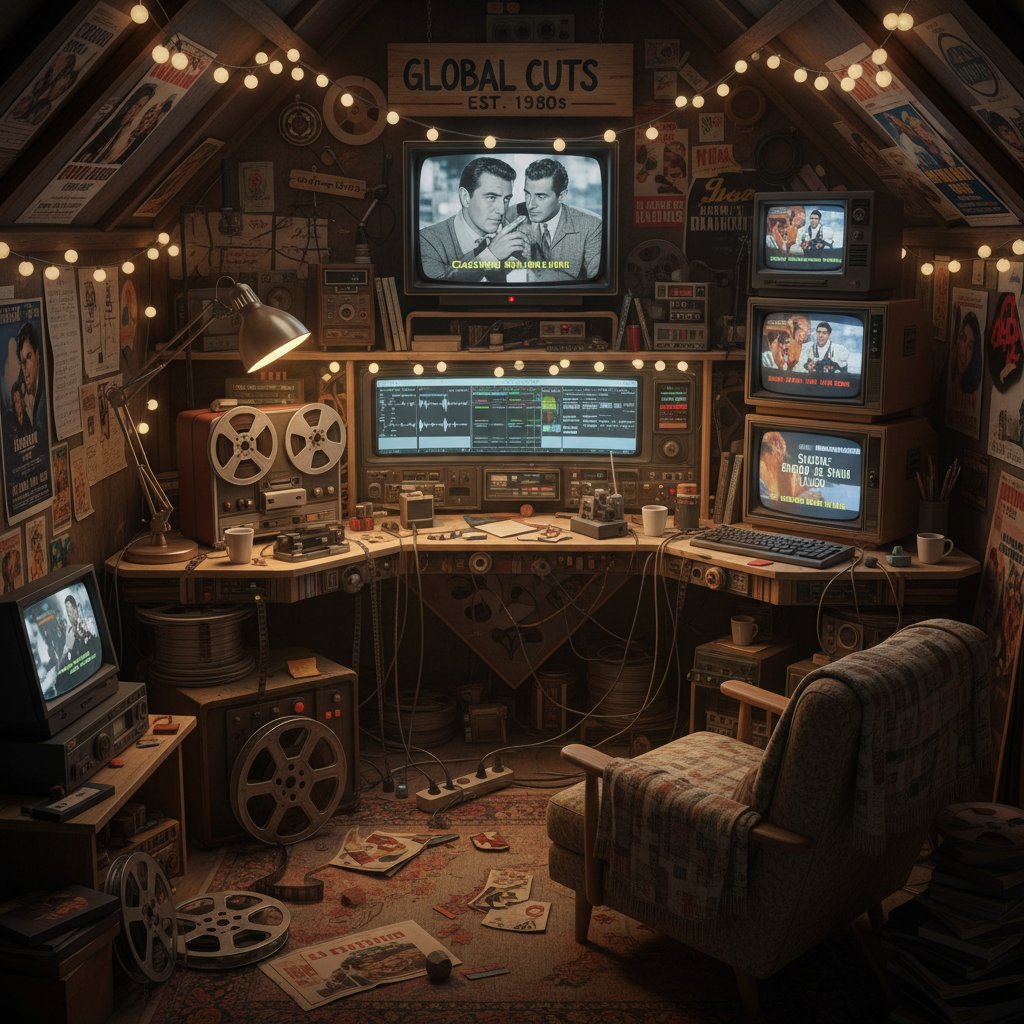 DIY home editing station with film reels and digital equipment, movie international versions