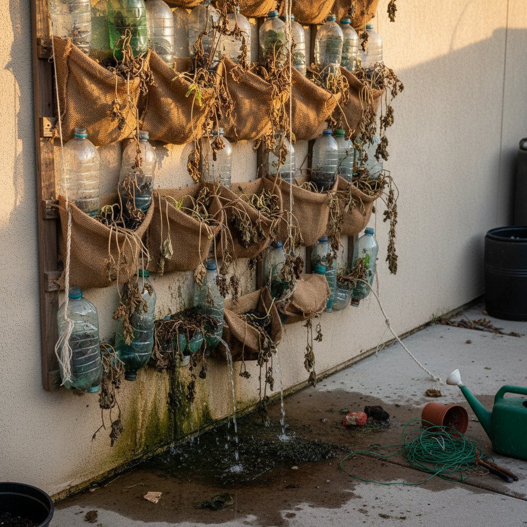 Nieudany ogród wertykalny DIY: zwiędłe rośliny, wycieki, prowizoryczne konstrukcje