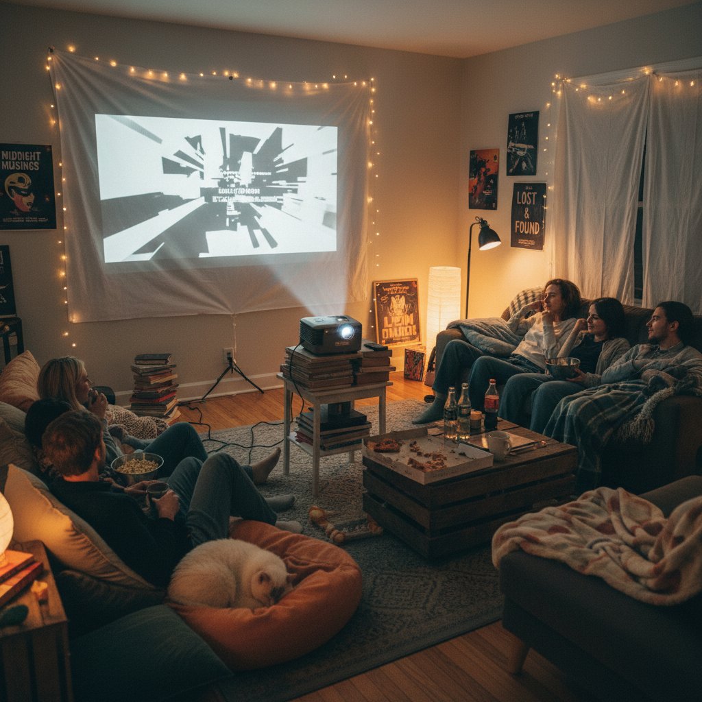 DIY film festival at home with friends, living room transformed into a cozy screening space, laughter and excitement in the air