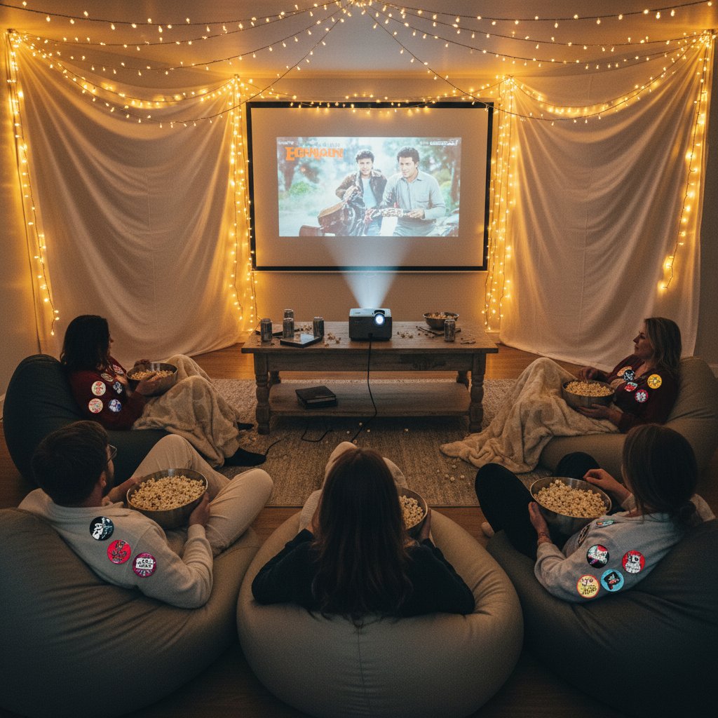 DIY home theater with friends, popcorn, string lights, and sundance movies vibe