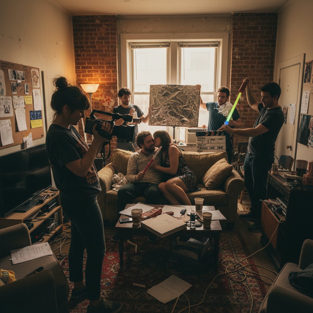 DIY indie film crew in a cramped apartment set, improvising with household items, inventive and creative, making of movies