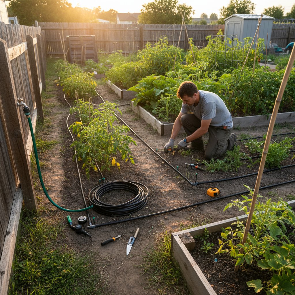 Montaż systemu nawadniania metodą DIY, ręce łączące rury w ogrodzie